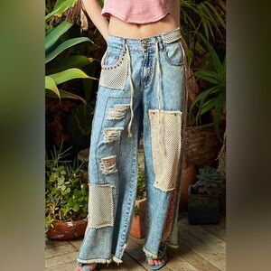 POL Metallic Studded Patchwork Jeans + Distressed Crochet Denim